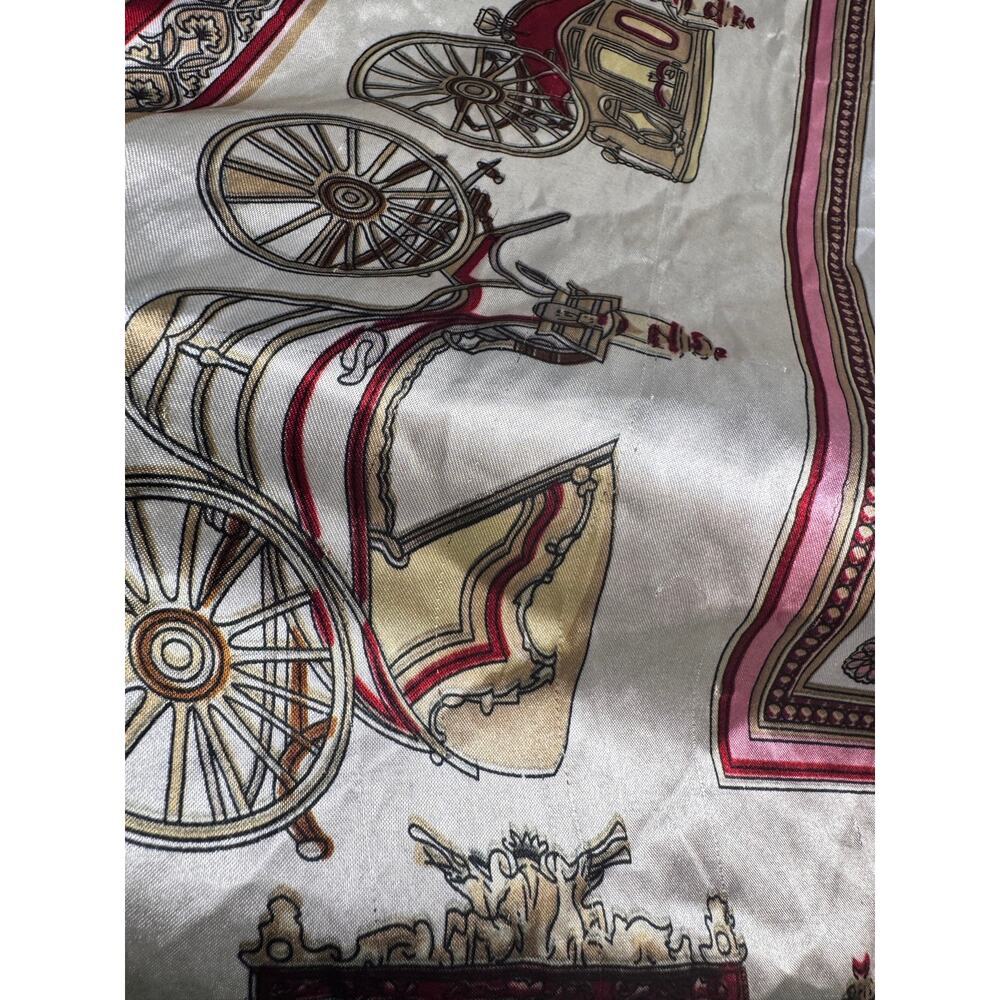 Vintage 35" Square Scarf Horse Carriage Equestrian Print Silky Pink Ivory - Picture 6 of 10